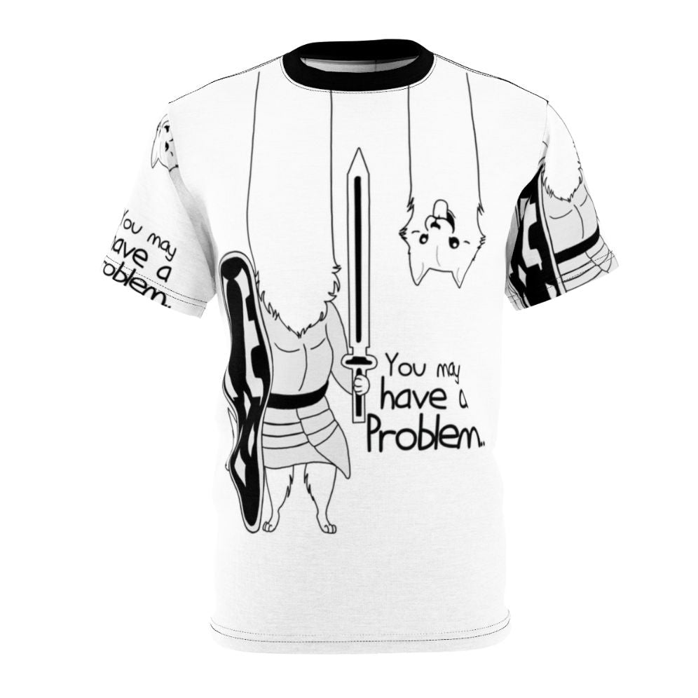 Stylish problem-solving dog lover's AOP t-shirt design featuring a sword and undertale-inspired elements