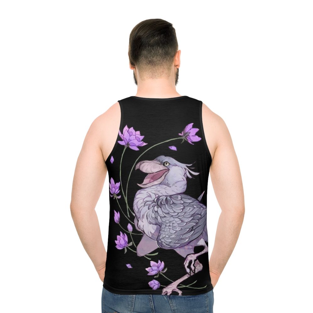 Shoebill stork in a floral pattern unisex tank top - men back