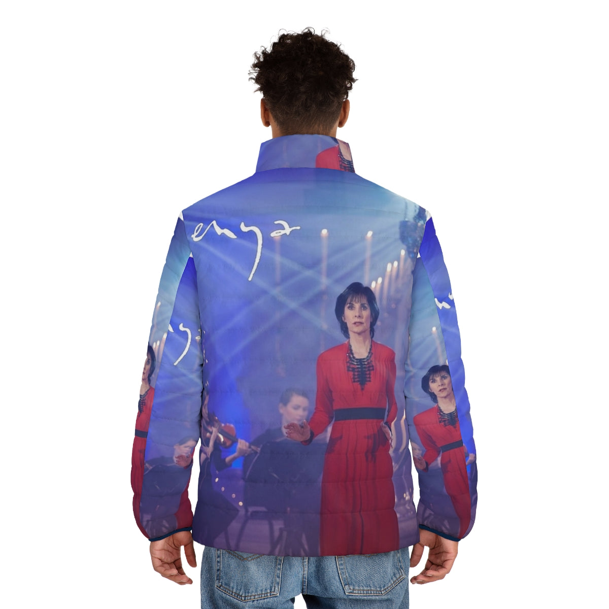 Enya-inspired puffer jacket with winter motifs and music-themed design - men back