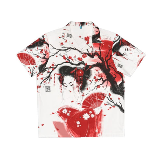 Vibrant red geisha Hawaiian shirt with Japanese art inspired design