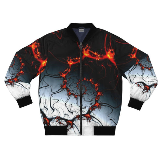 Fractal burning bomber jacket with fiery red and black design