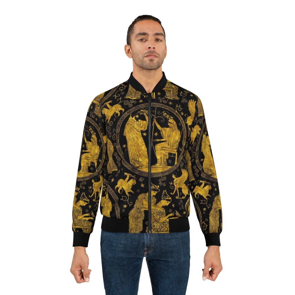 Greek art inspired bomber jacket with mythological patterns and gold accents - Lifestyle