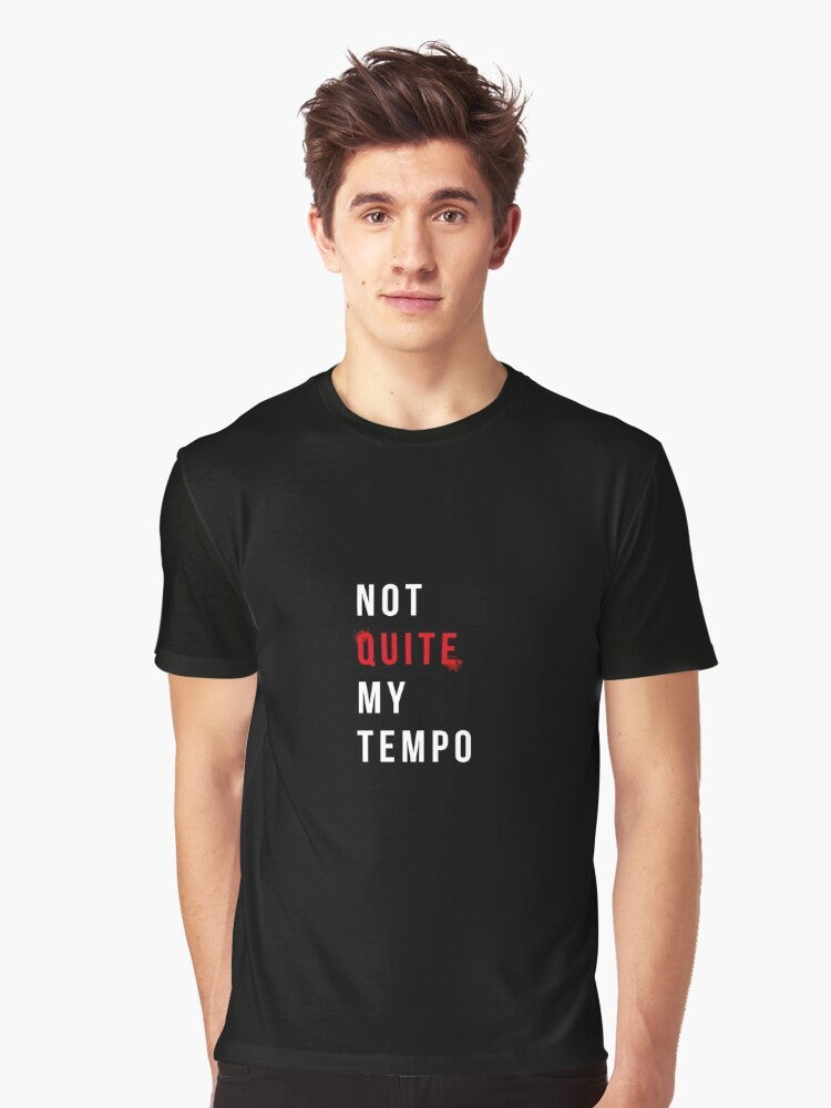 "Whiplash: Not Quite My Tempo" graphic t-shirt design featuring a drummer and the iconic phrase from the movie - Men