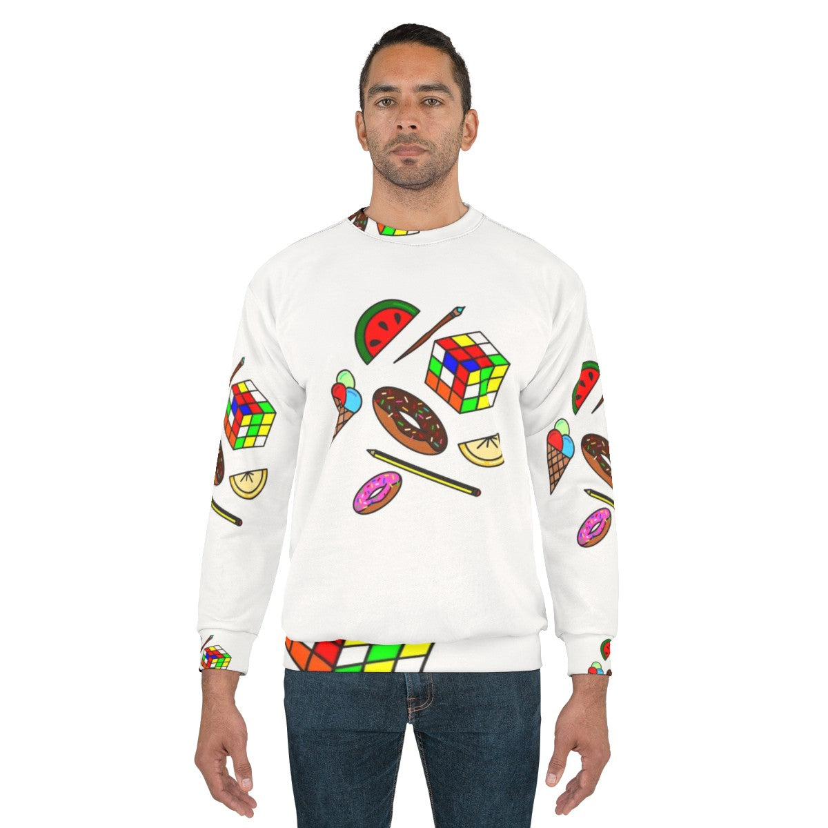 Hobbies and Food Sweatshirt with Colorful Pattern and Doodle Designs - men