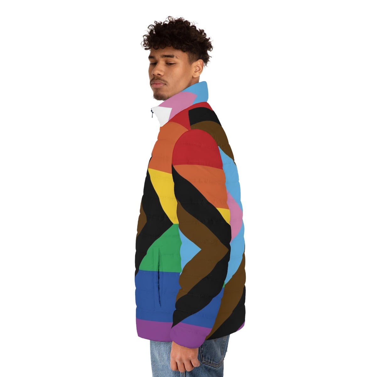 A vibrant puffer jacket featuring the Progress Pride Flag design, celebrating LGBTQ+ identity and inclusivity. - men side left