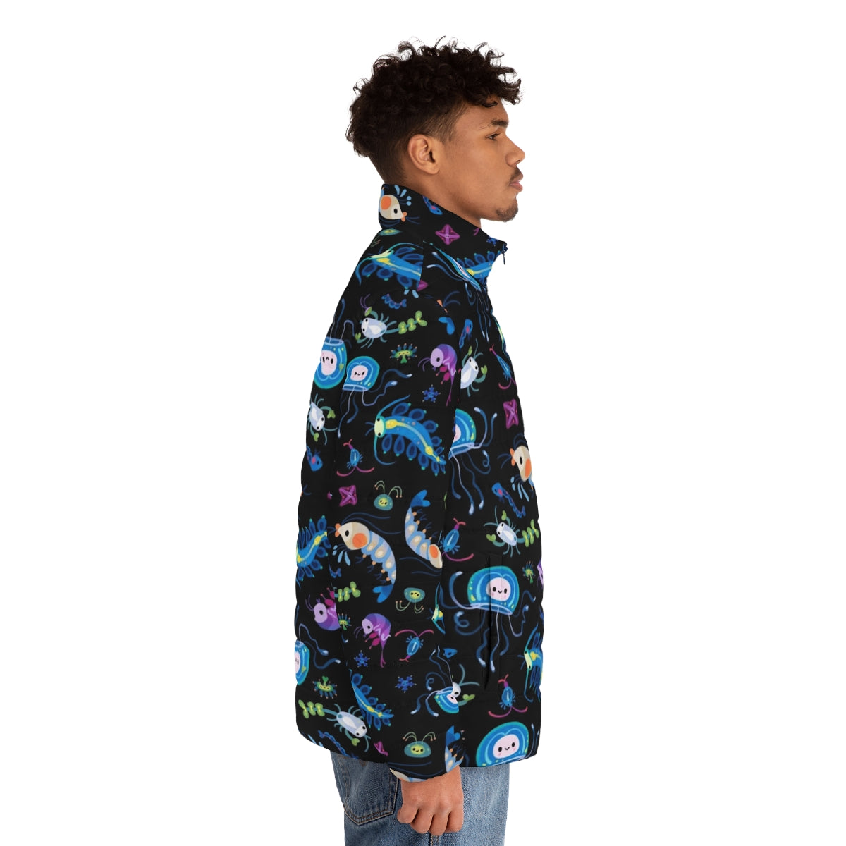 Zooplankton-inspired puffer jacket showcasing the beauty of marine micro-organisms - men side right