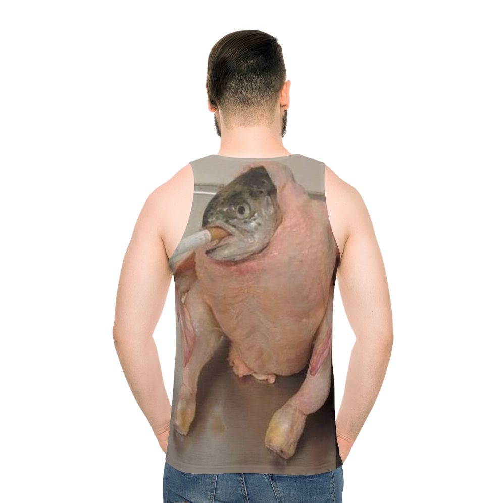 Unisex fish in chicken meme tank top - men back