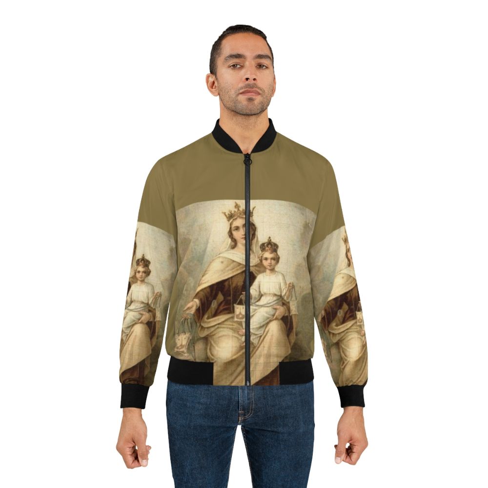 Our Lady of Mount Carmel Catholic Bomber Jacket with religious imagery and symbols - Lifestyle