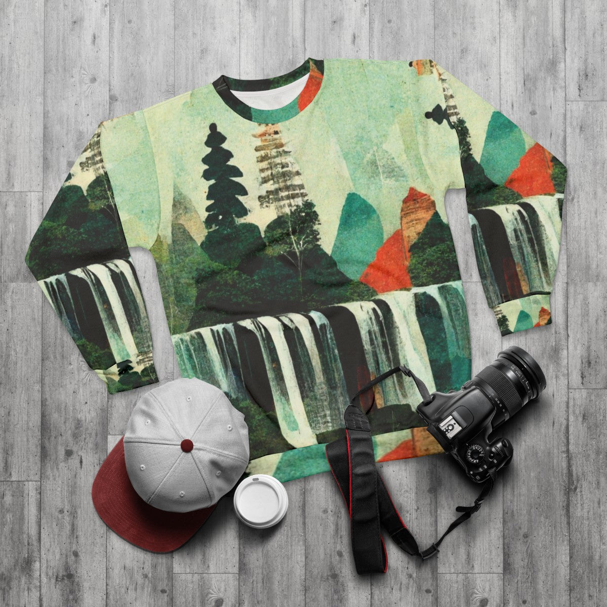 Waterfalls Artwork Collage Sweatshirt - flat lay