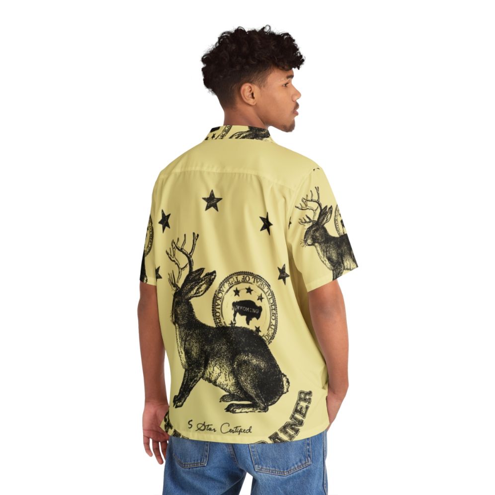 Beige Hawaiian Shirt with Quirky Jackalope Print - People Back