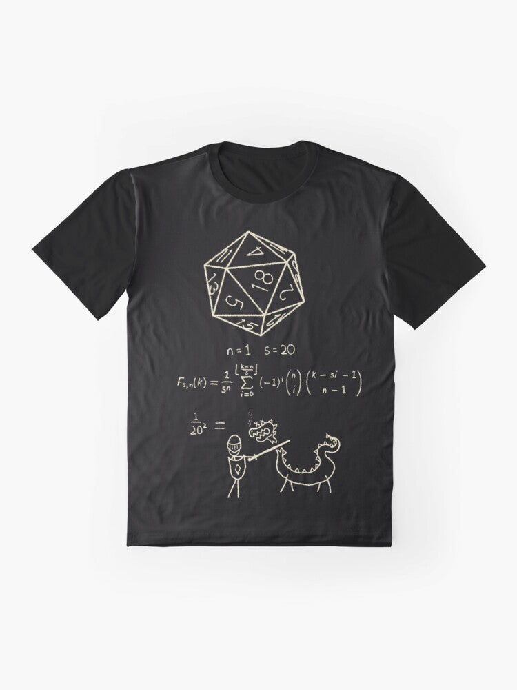 A graphic t-shirt featuring the science and mathematics behind 20-sided dice, perfect for D&D and tabletop roleplaying game enthusiasts. - Flat lay