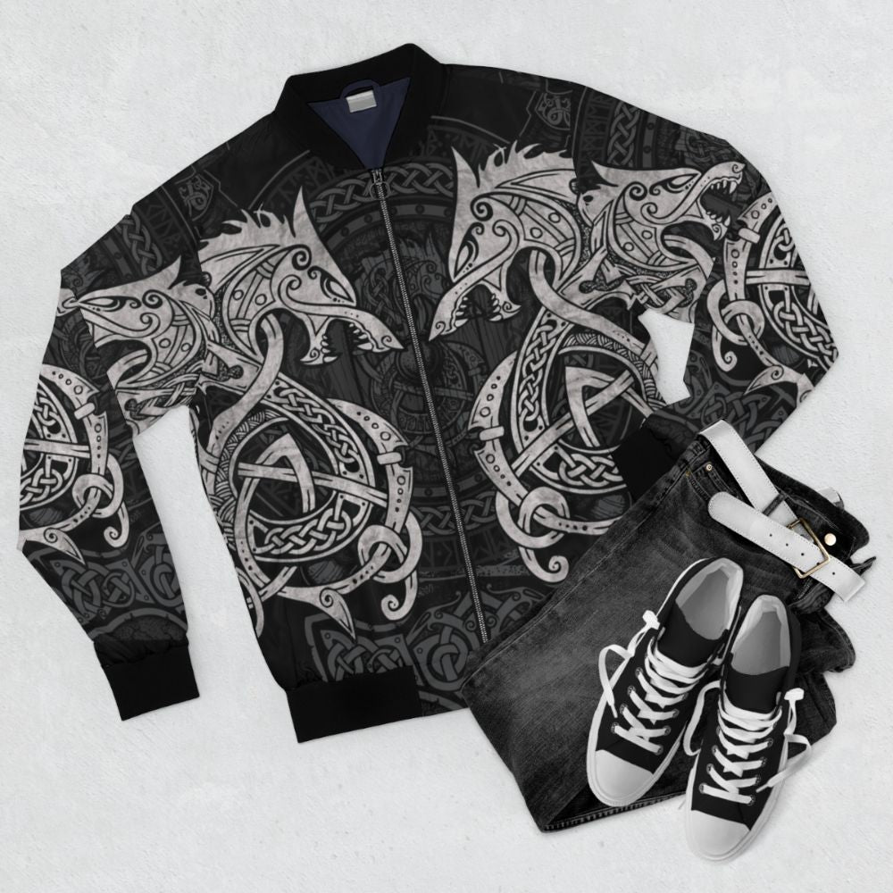 Fighting Fenrir Nordic Bomber Jacket featuring wolf, rune, and Celtic knot design - Flat lay