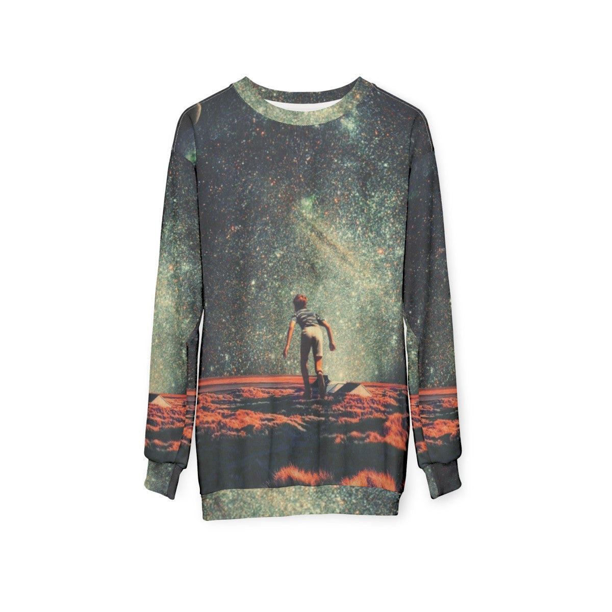 Nostalgia vintage graphic sweatshirt featuring a colorful collage design with space, stars, and retro elements - hanging