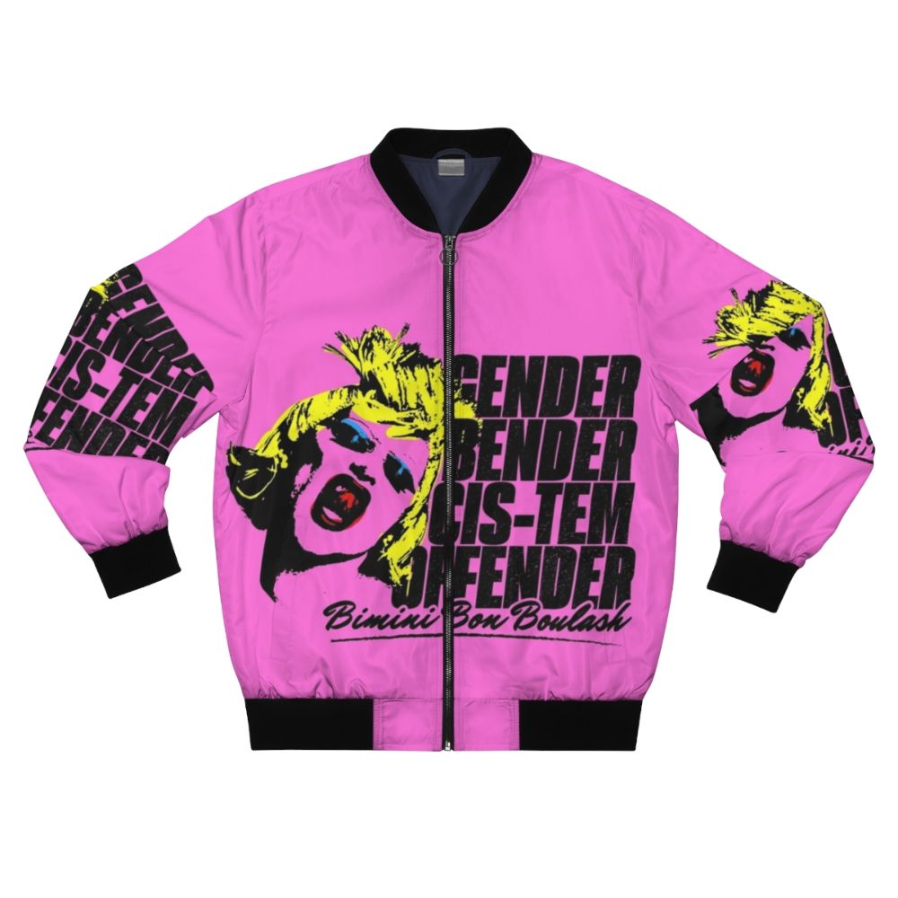 Colorful bomber jacket with "CIS-TEM OFFENDER" pop art design, featuring Bimini Bon Boulash from RuPaul's Drag Race UK