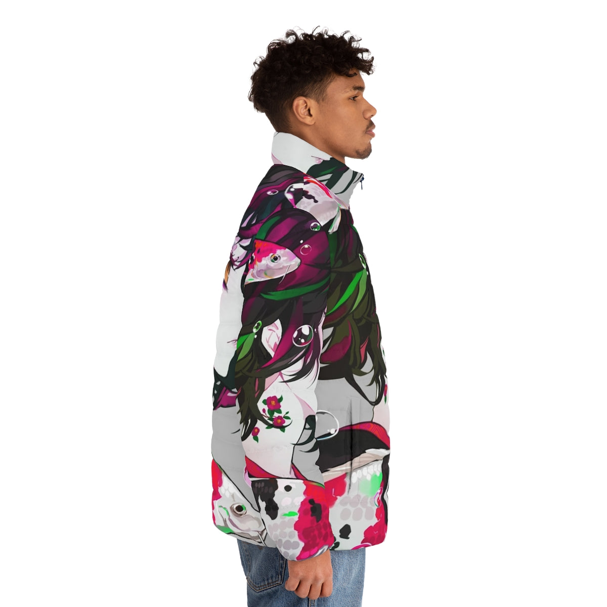 Vivid and colorful puffer jacket with a koi fish design, perfect for anime and Japanese fashion enthusiasts. - men side right