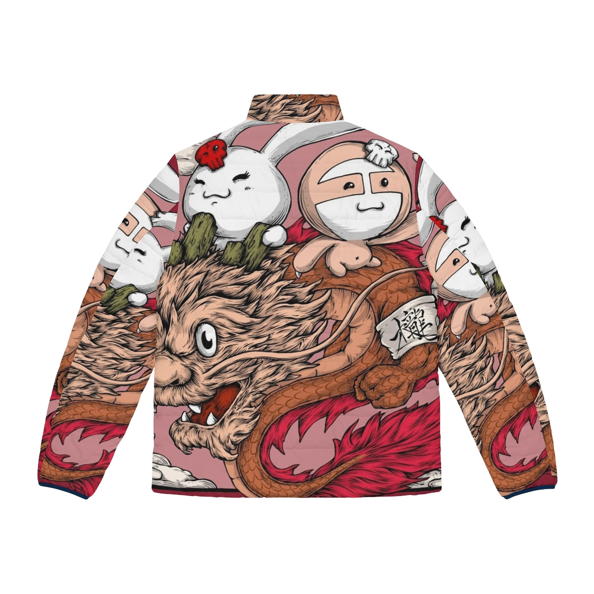 A colorful puffer jacket with a dragon, sloth, and bunny print design - Back