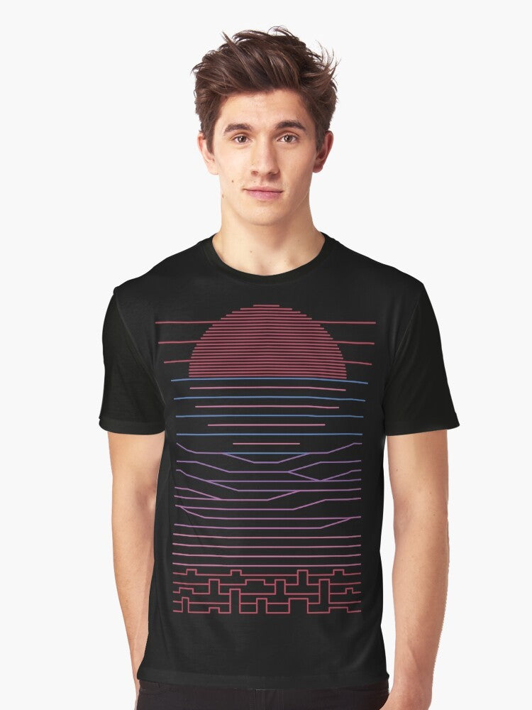 A graphic t-shirt design featuring a minimalist landscape with the sun, mountains, ocean, and city in the distance, with a focus on the keywords 'escape', 'travel', and 'summer'. - Men