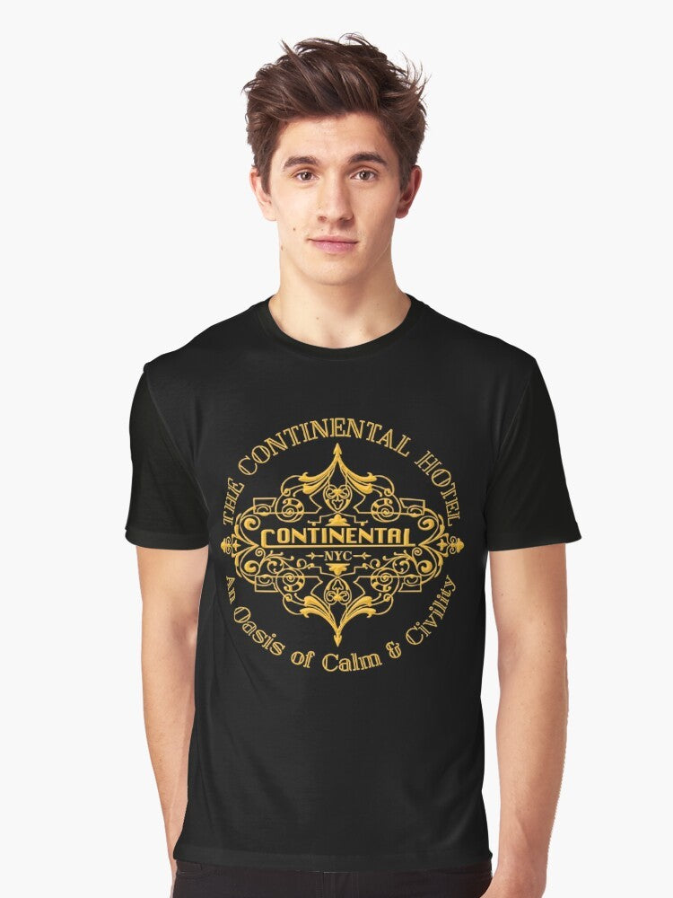 Stylish graphic t-shirt featuring the iconic Continental Hotel from the John Wick movie franchise, starring Keanu Reeves. - Men