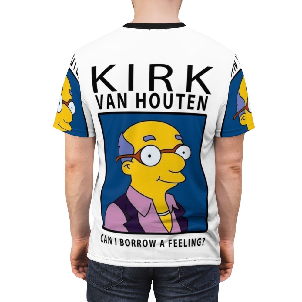 Graphic T-shirt design featuring the character Kirk Van Houten from the 90s TV show The Simpsons with the quote "Can I Borrow A Feeling?" - men back