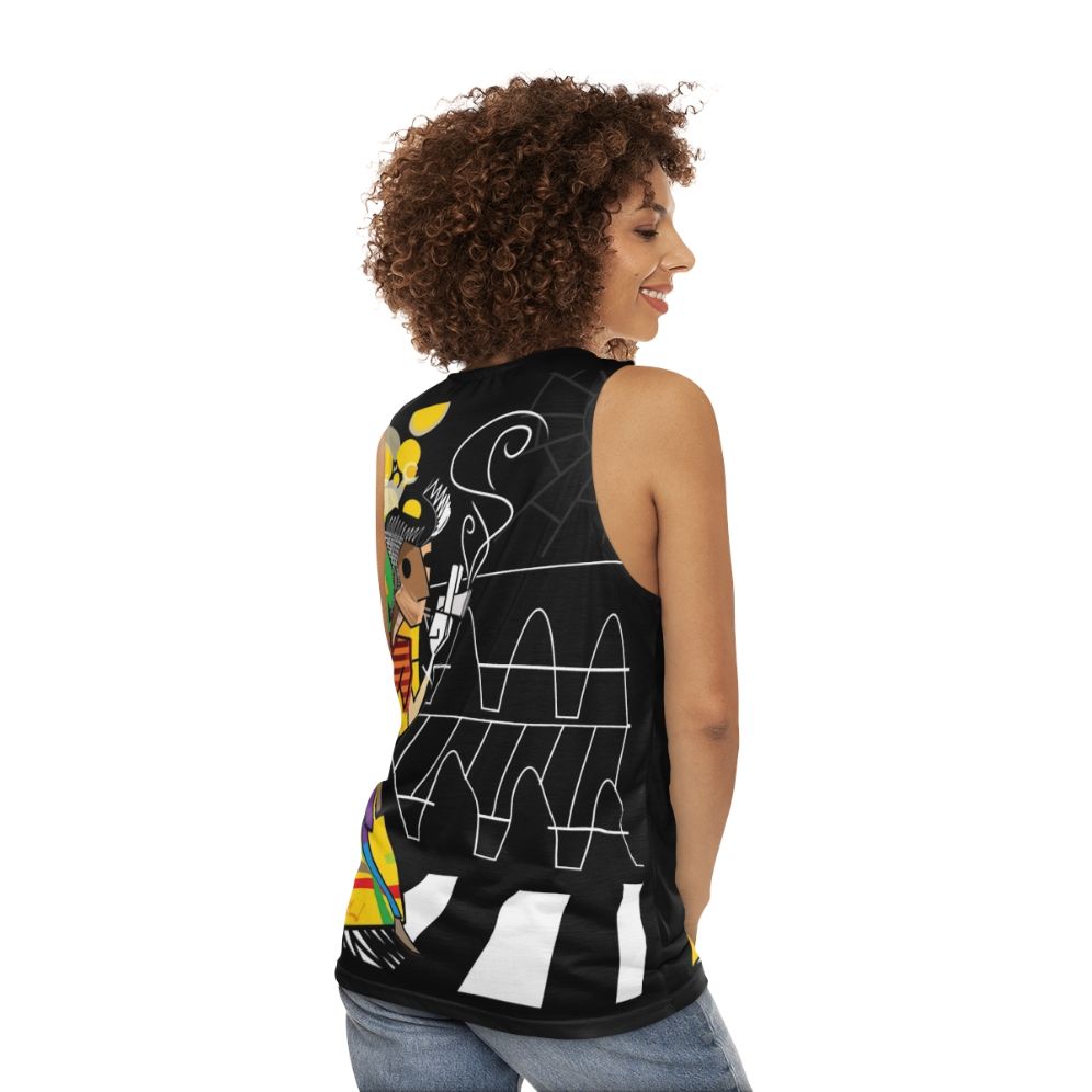 Colorful unisex tank top with pop art "The Trickster" design - women back