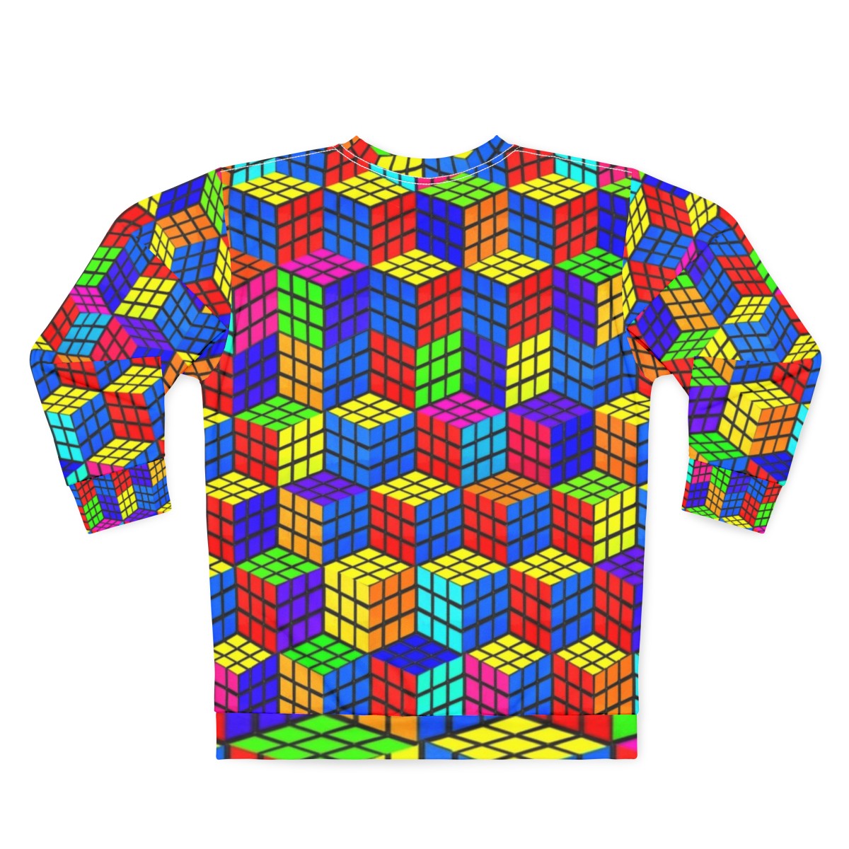 Rubik's Cube optical illusion sweatshirt with colorful, abstract geometric design - Back