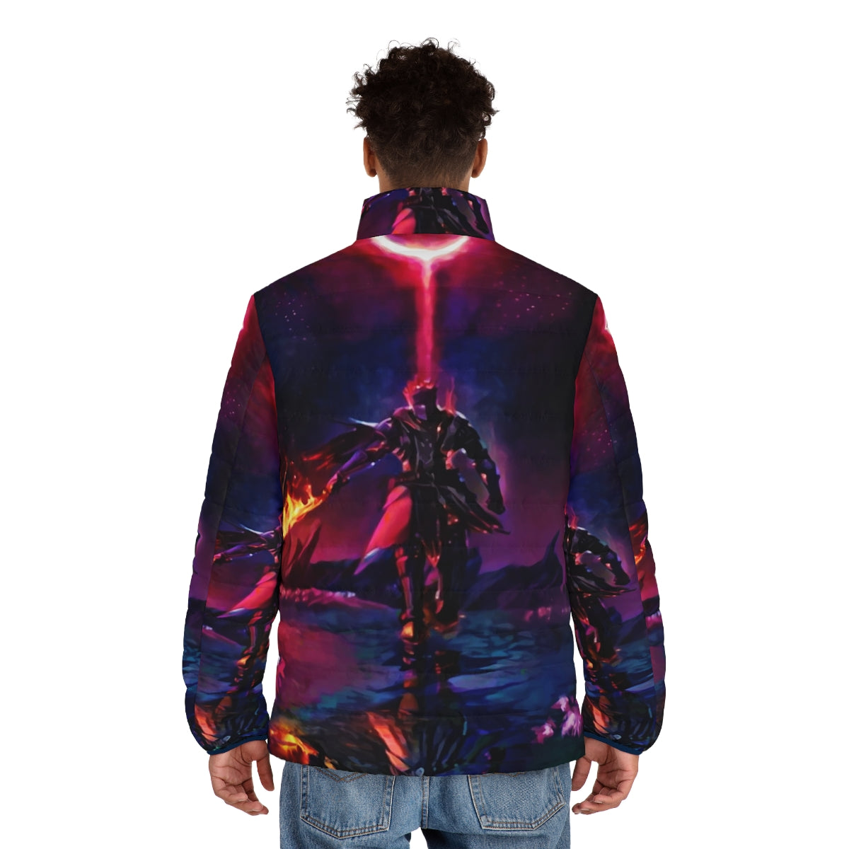 Boss of the Ring in Flames puffer jacket with dark fantasy and gaming inspired design - men back