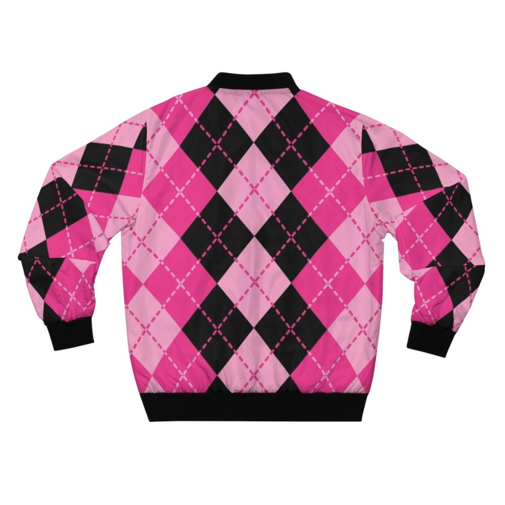 A pink bomber jacket featuring an argyle pattern design in a classic, retro-inspired style. - Back