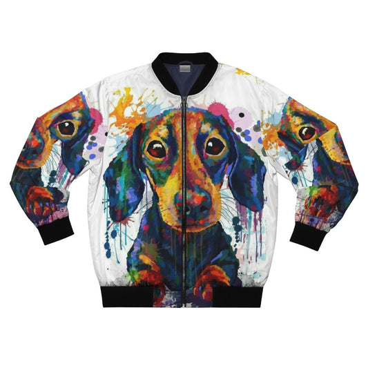 A black bomber jacket with a cute dachshund dog art design.