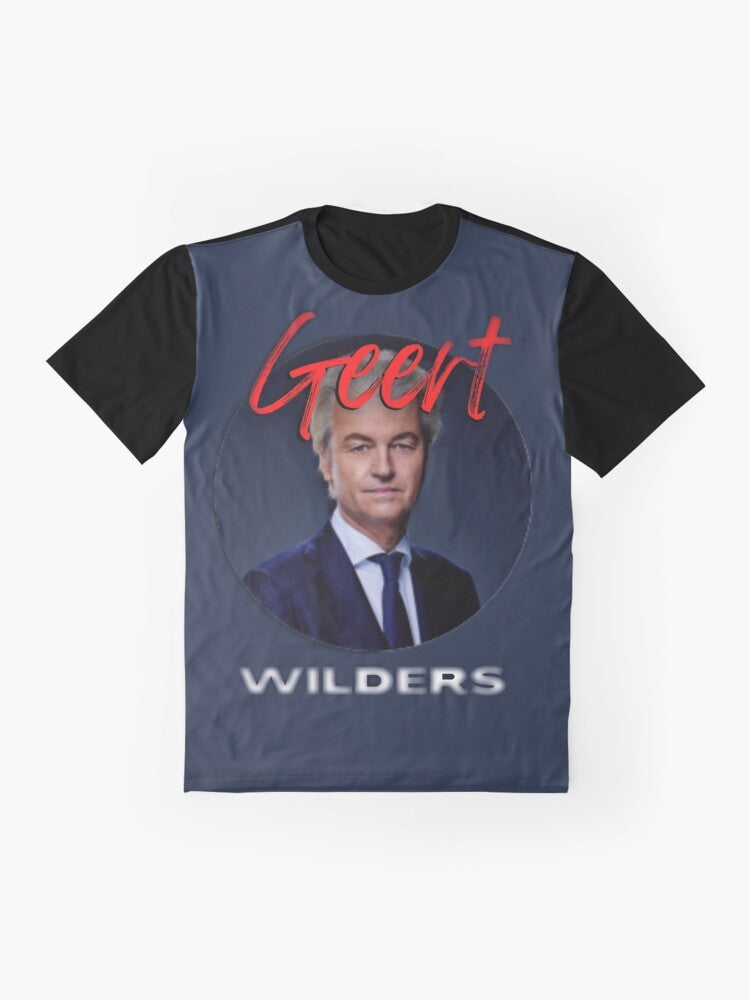 Geert Wilders, the leader of the Party for Freedom (PVV) in the Netherlands, featured on a graphic t-shirt - Flat lay