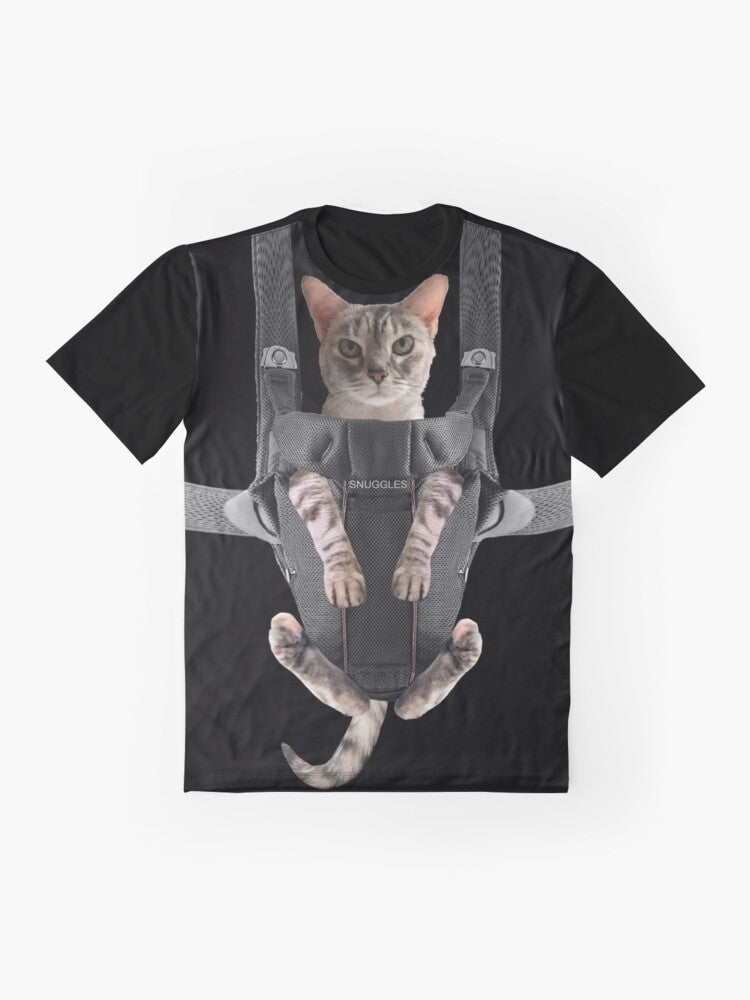 A cute and funny graphic of a gray cat snuggled up in a baby carrier. - Flat lay