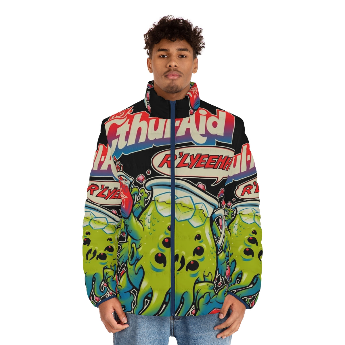 Cthulhu-inspired puffer jacket with elder god and Kool-Aid design - men front