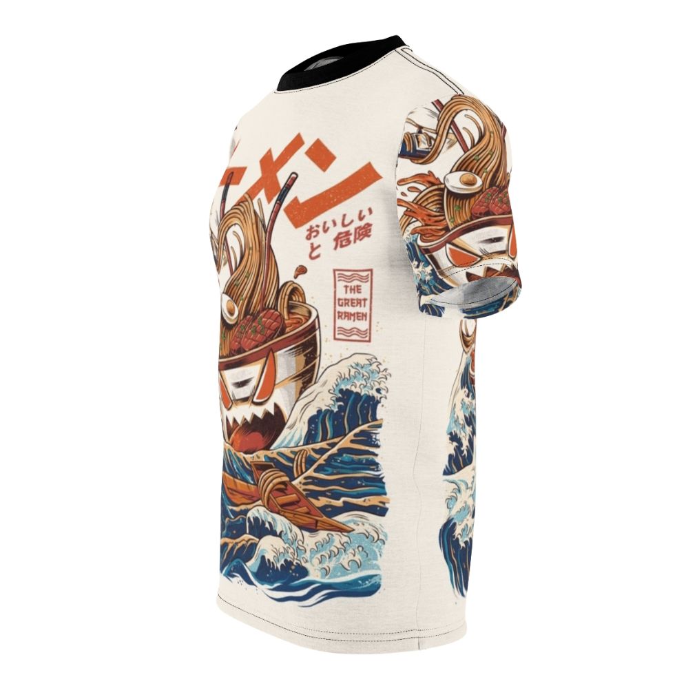 Retro-style t-shirt design featuring an angry monster ramen bowl with Japanese-inspired wave pattern - men left