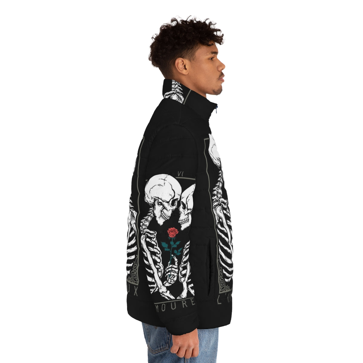 Model wearing the Vi The Lovers puffer jacket featuring gothic, occult, and romantic design elements - men side right