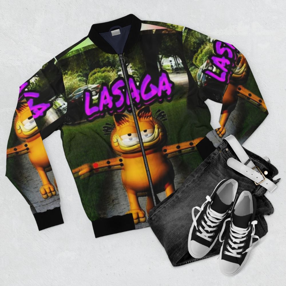 Garfield-themed bomber jacket with meme-inspired graphics - Flat lay