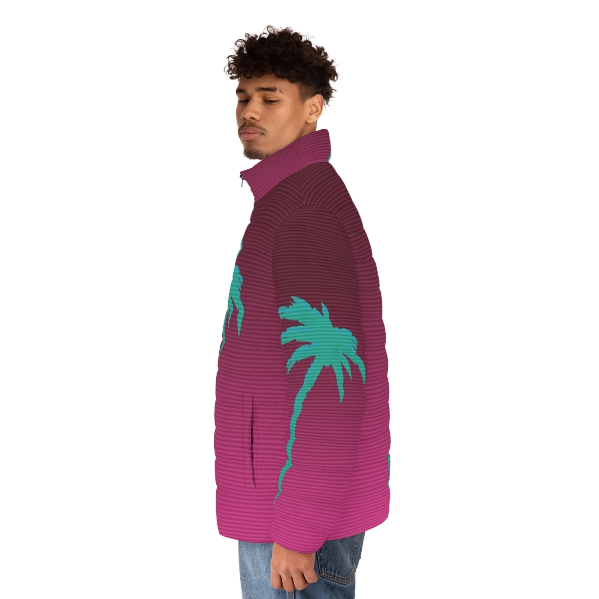 Hotline Miami-inspired puffer jacket with palmtree design, perfect for vaporwave and 80s video game fans - men side left