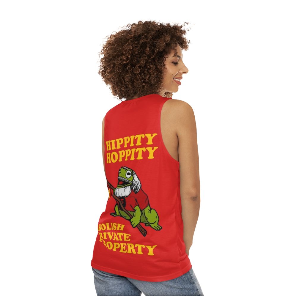 Unisex tank top with "Hippity Hoppity Abolish Private Property" design - women back