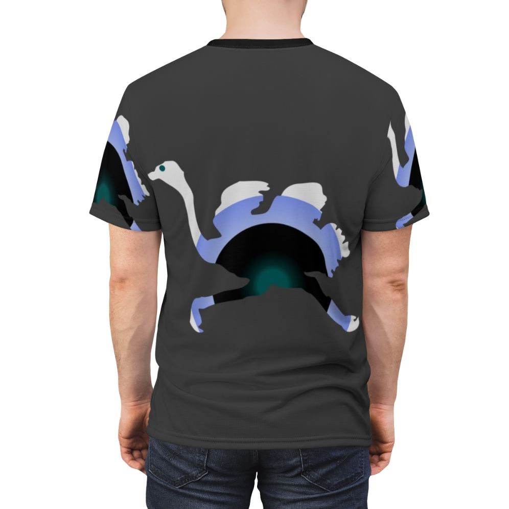 Colorful and abstract t-shirt design featuring an ostrich as a legendary animal - men back