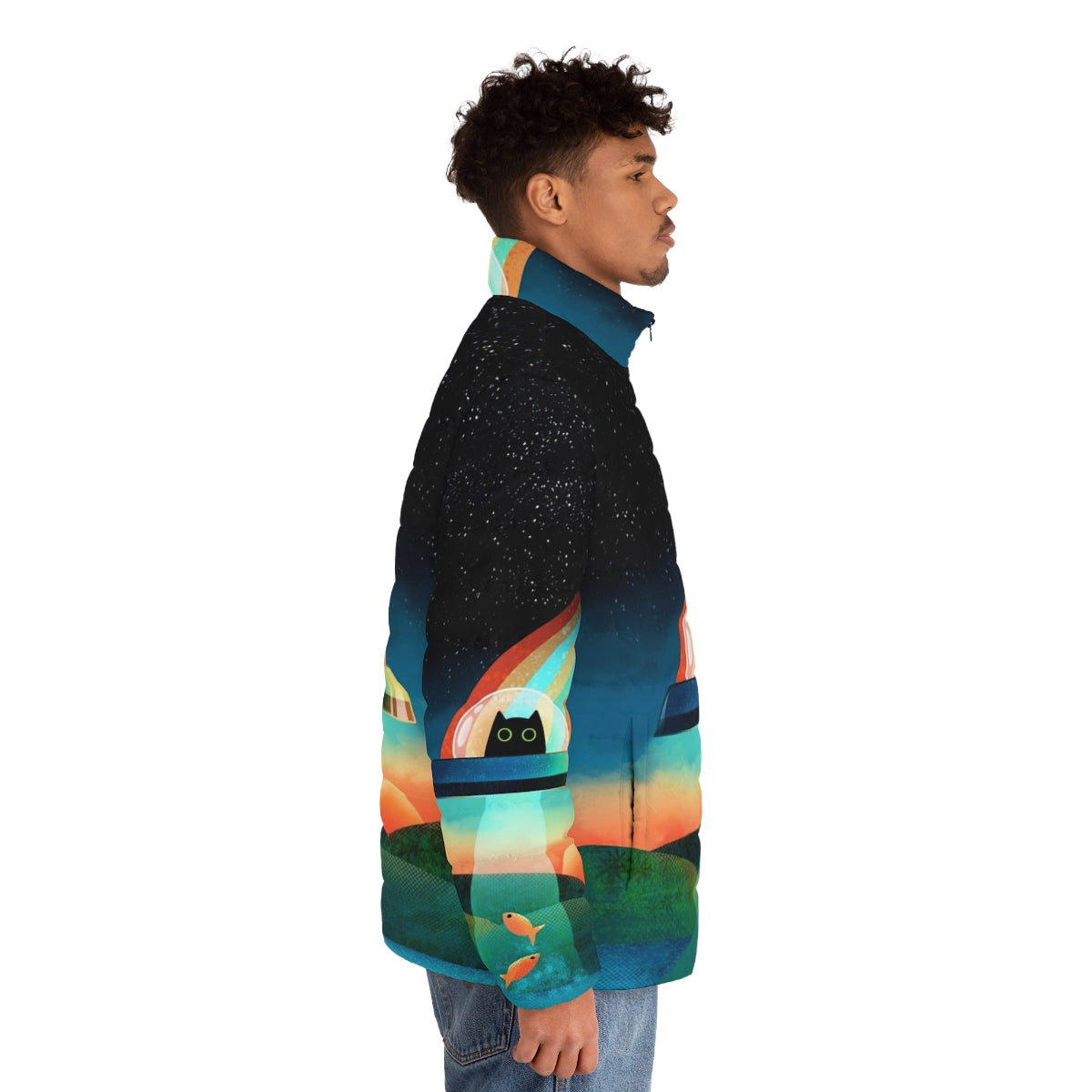 Colorful and vibrant puffer jacket featuring an alien cat design in a space-themed galaxy setting - men side right