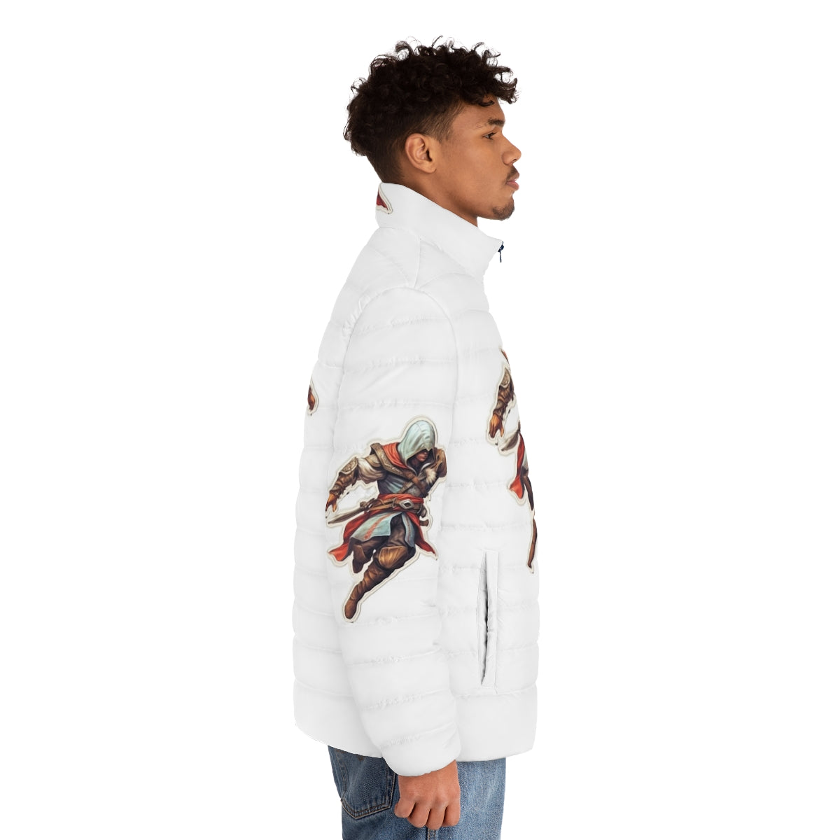 Assassins Creed inspired puffer jacket with sticker artwork - men side right