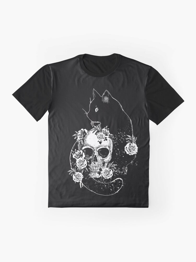 Graphic t-shirt featuring a black cat with a skull and skeleton in a black and white gothic design. - Flat lay