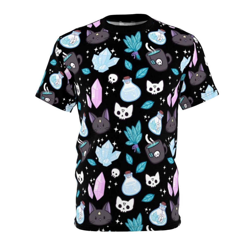 Bewitching Nikury pattern t-shirt featuring a black background with a magical cat, herbs, and occult symbols