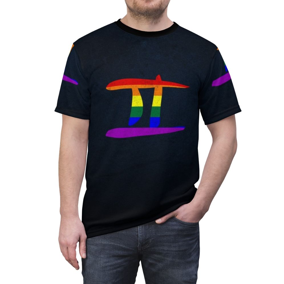 Colorful LGBTQ pride flag with Gemini zodiac symbol on a t-shirt - men front