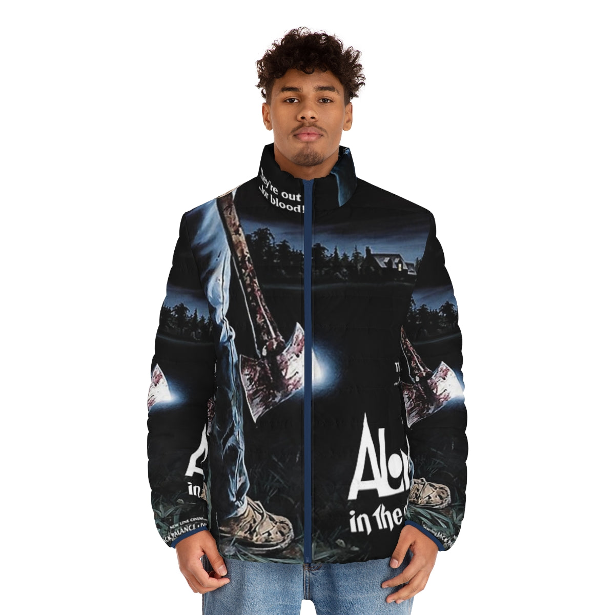 Horror themed puffer jacket featuring Alone In The Dark movie graphics - men front