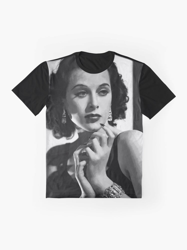 Vintage graphic t-shirt featuring a portrait of legendary actress and inventor Hedy Lamarr in an oil painting style. - Flat lay