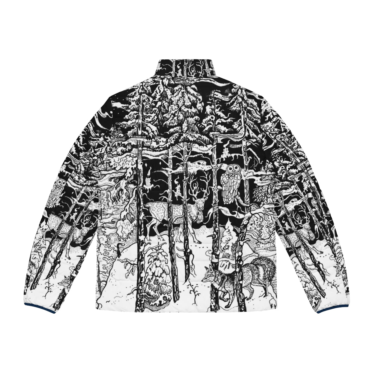 A warm and stylish puffer jacket featuring a winter forest scene with animals like deer, fox, and owl. - Back