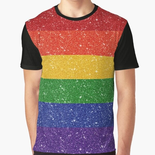 Glitter LGBTQ pride rainbow flag graphic design on a t-shirt