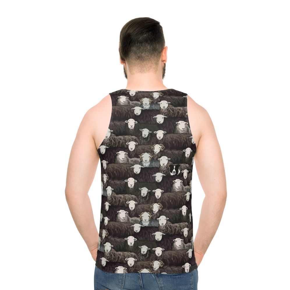 Herdwick Unisex Tank Top with Sheepdog and Farm Landscape Design - men back