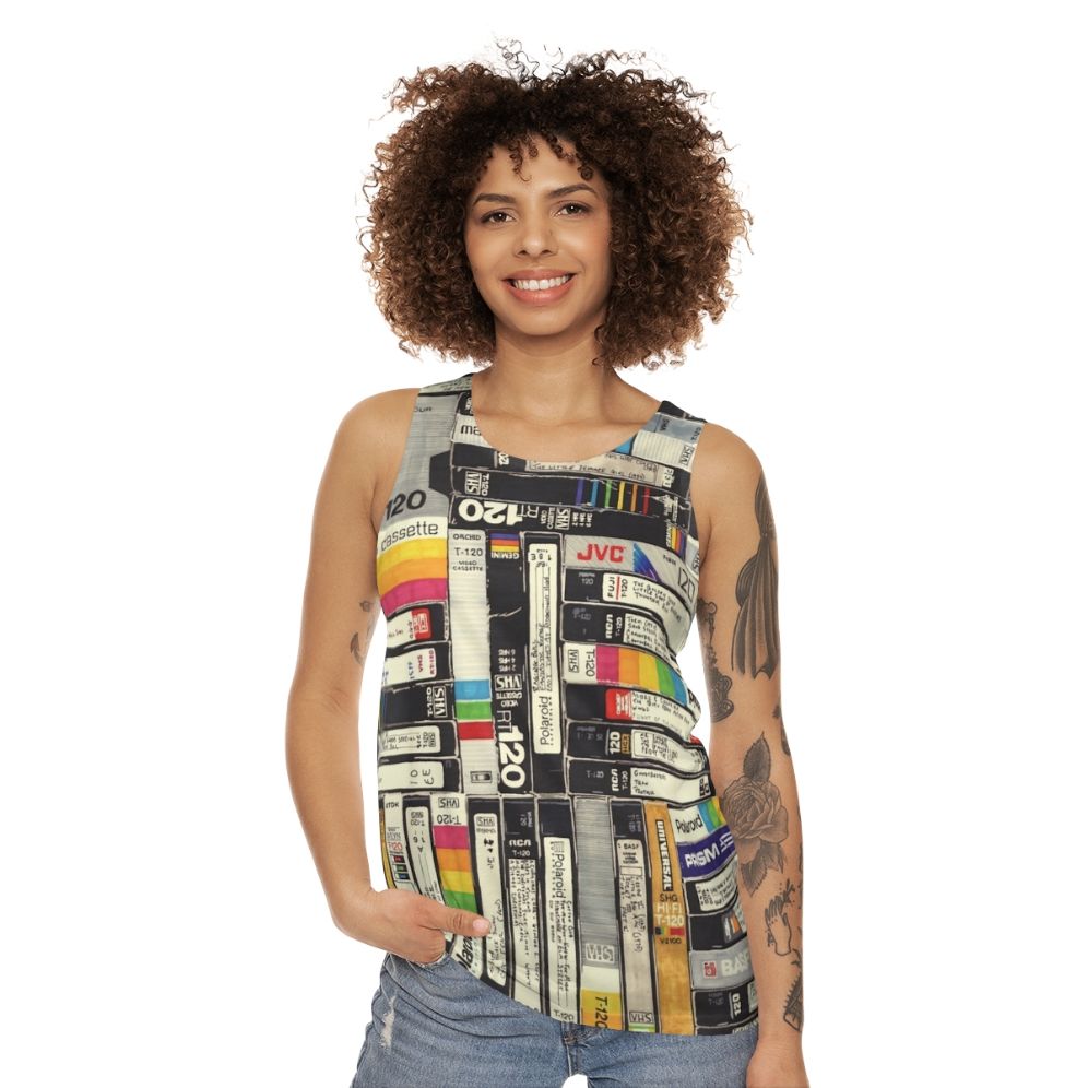 Retro VHS unisex tank top with pop art design - women