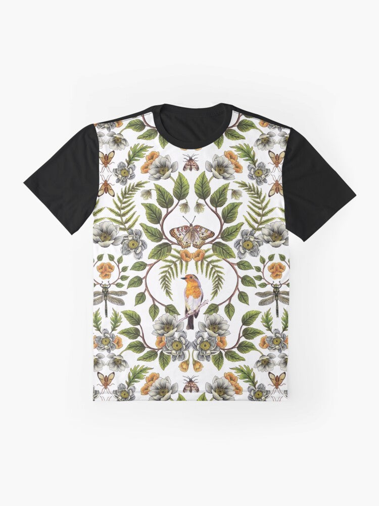 Graphic t-shirt featuring a botanical and floral pattern with birds, moths, dragonflies, and flowers in spring colors of orange, green, and brown. - Flat lay