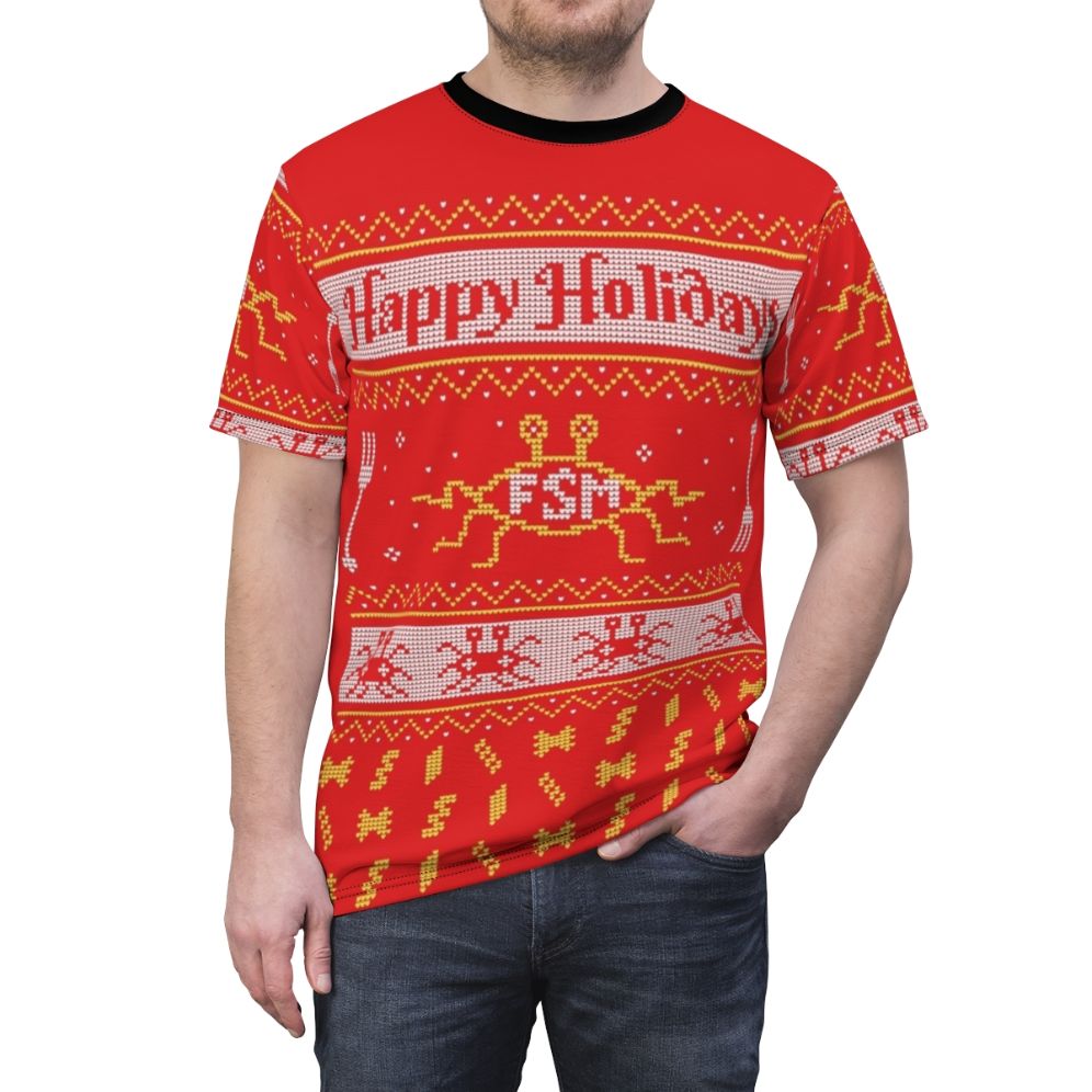 Festive Pastafarian Inspired Ugly Christmas Sweater T-shirt featuring the Flying Spaghetti Monster - men front